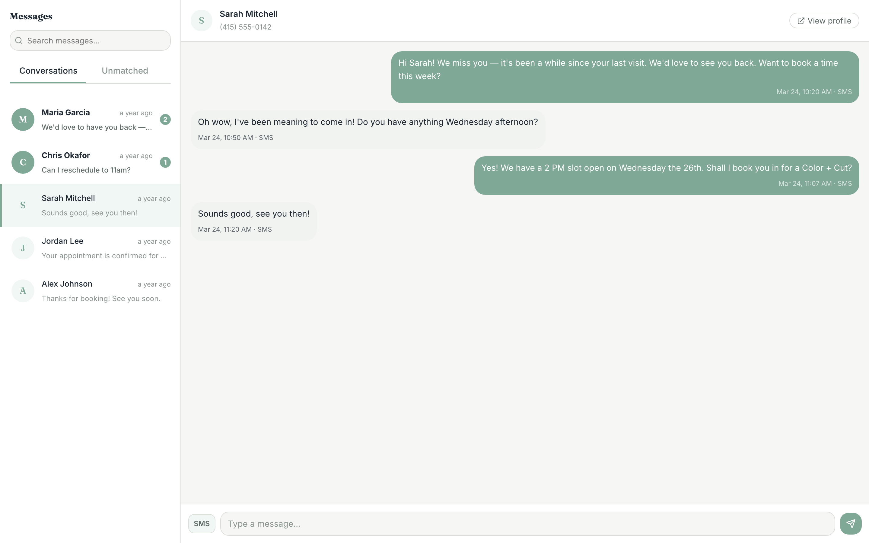 Tilly presenting a one-click option to send a follow-up message to a lapsed client